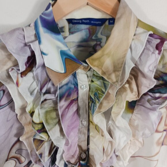 Georg Roth Los Angeles  Med. Cotton Button Down Top Ruffled Artsy Abstract Print - Picture 7 of 16